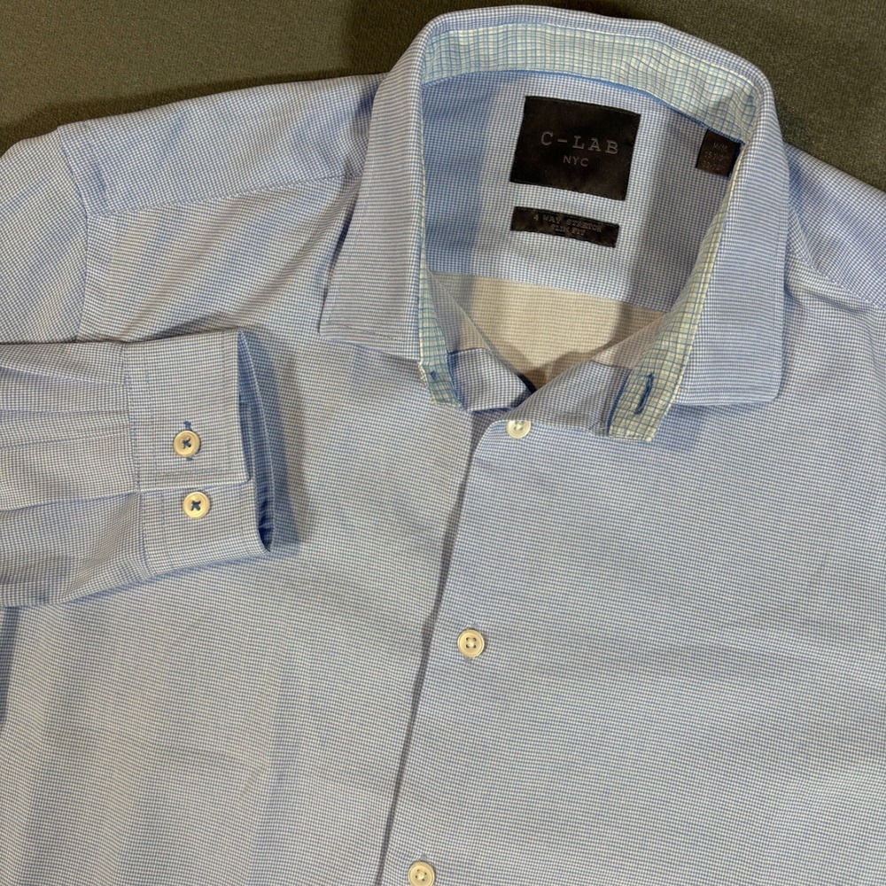 C-Lab NYC Button Down Blue Long Sleeve Plaid‎ Slim Fit Checkered Blue M 15 1/2